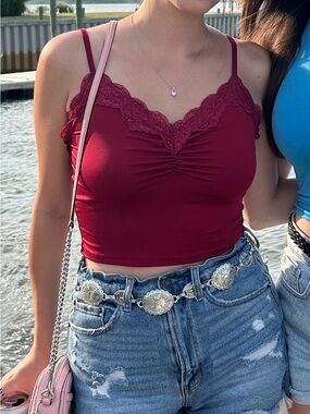 Amazon Burgundy Lace-Trim Spaghetti Strap Crop Cami